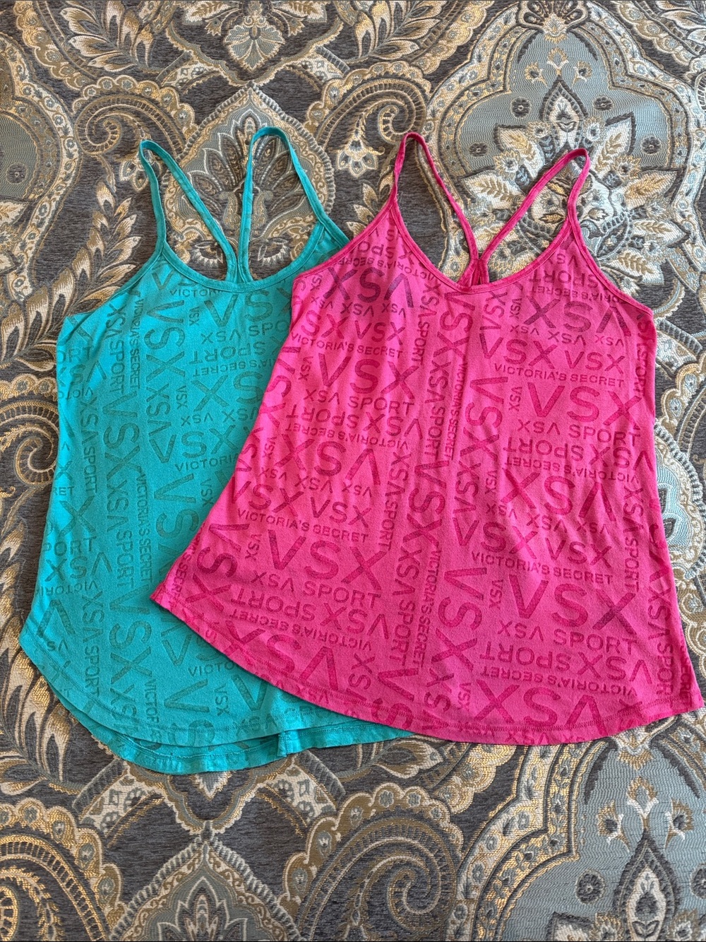 Victoria's Secret Pink & Teal VSX Sport Mesh Spaghetti Straps Tops